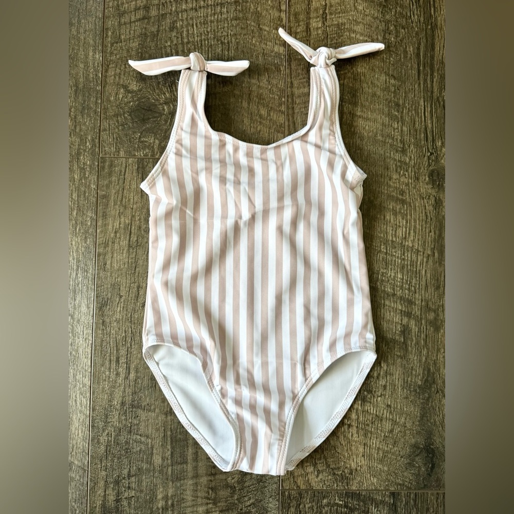 Rylee + Cru Blush and White Striped Kids Swim One Piece